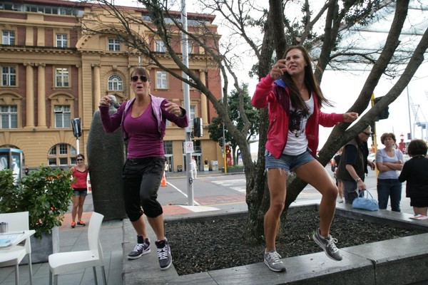 Les Mills Group Fitness Instructors Carla Fitzsimons (L) and Rachael Cohen (R) get the crowd pumping